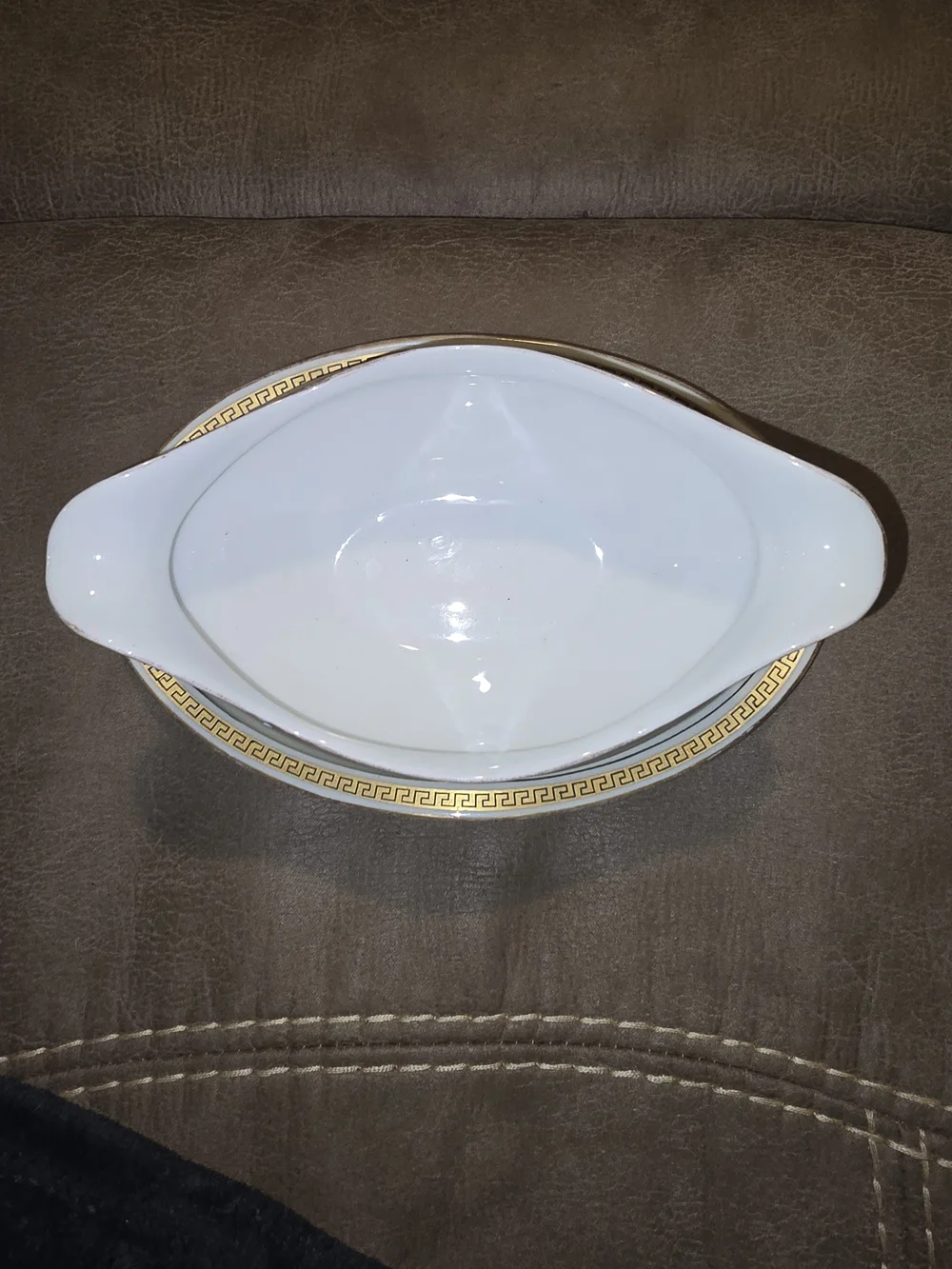 White Porcelain Serving Bowl with Gold Greek Key Accent